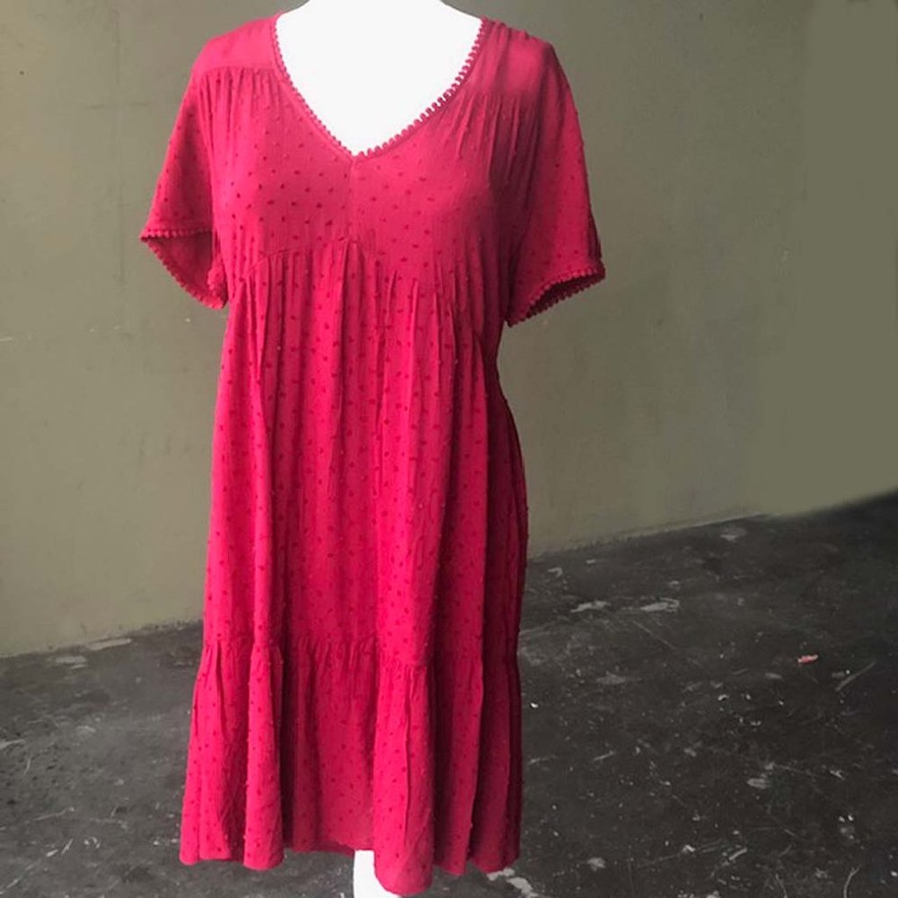 Knox Rose V-Neck Swiss Dot Shift Dress Burgundy Sz M